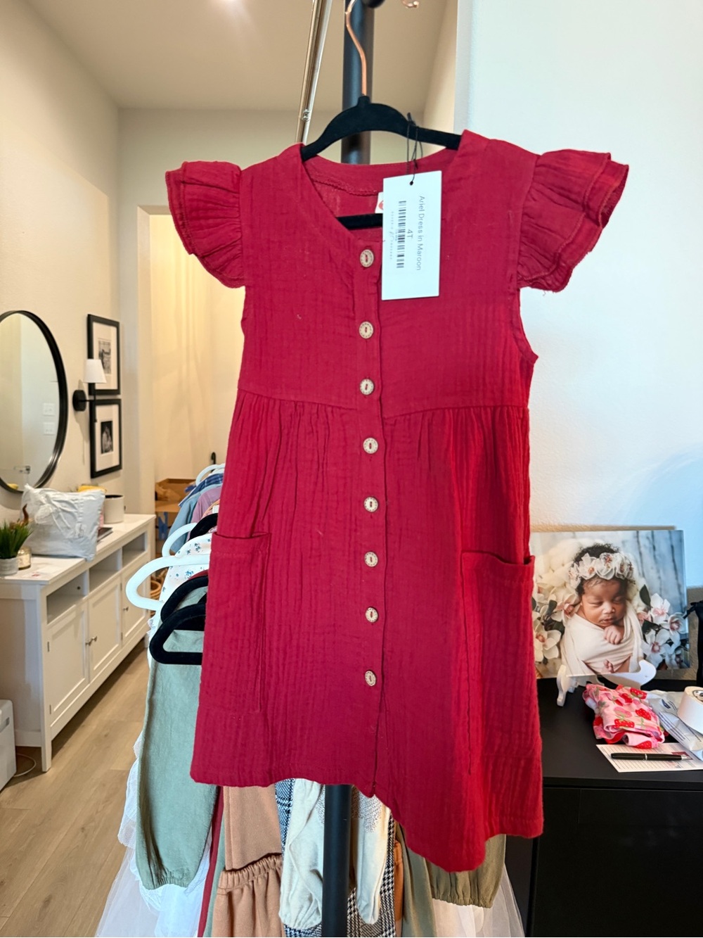 Girls' Red Button-Front Cotton Dress with Pockets
